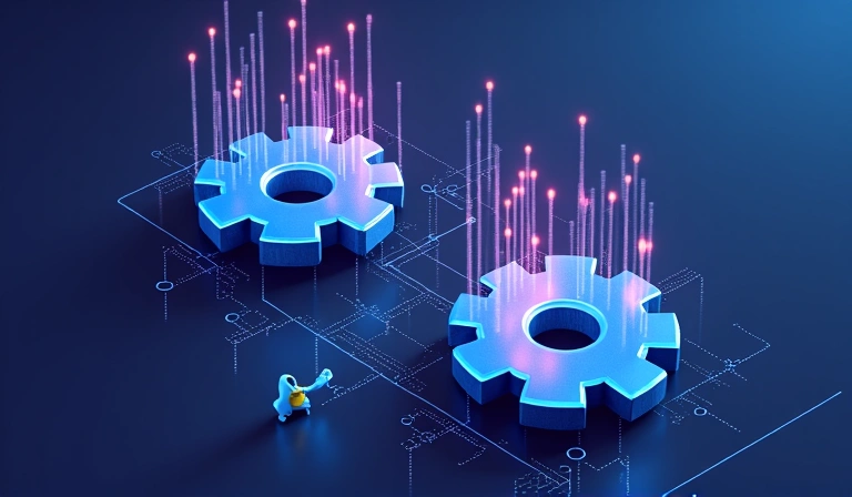 Conceptual image showing a balance between user experience, innovation, and value, represented by interconnected gears and data points