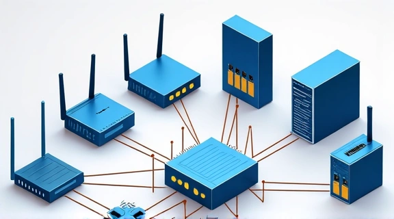 Graphic representing various networking devices such as routers, modems, and network adapters.