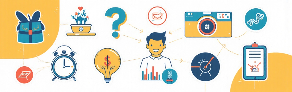 Stylized infographic elements related to decision-making and product features, clean design, no text.