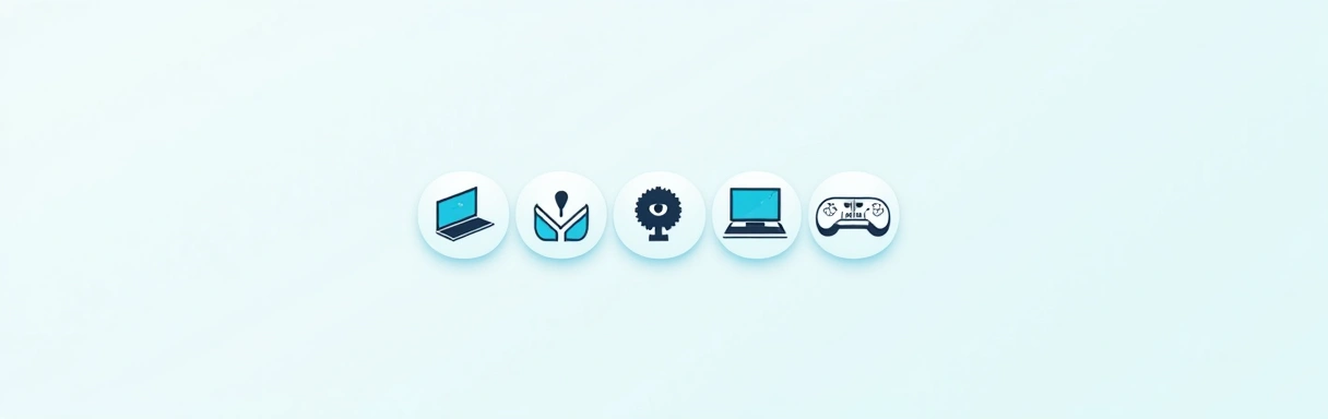 Abstract icons representing different types of computer peripherals arranged aesthetically.
