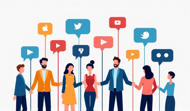 Illustration of people connecting through social media icons.