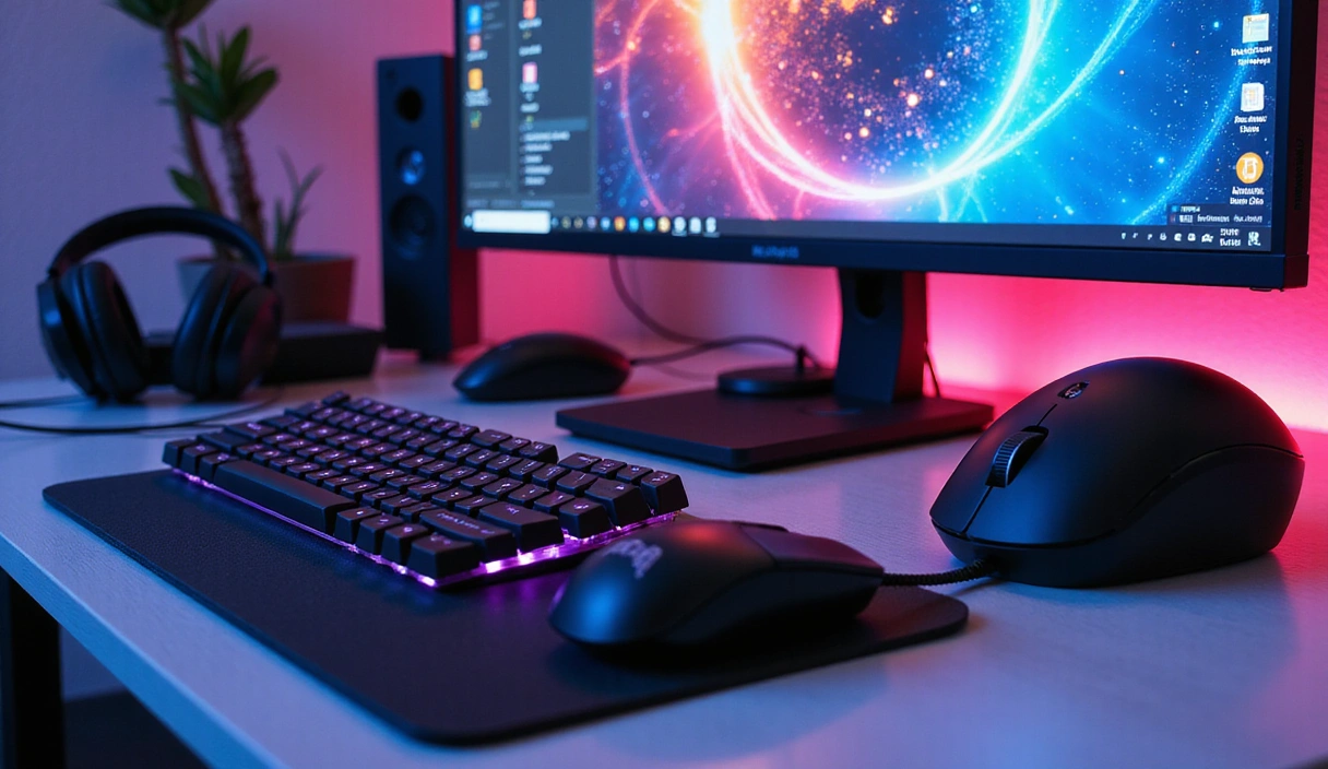 A collection of diverse computer peripherals including a keyboard, mouse, monitor, headset, and webcam, arranged aesthetically on a desk.