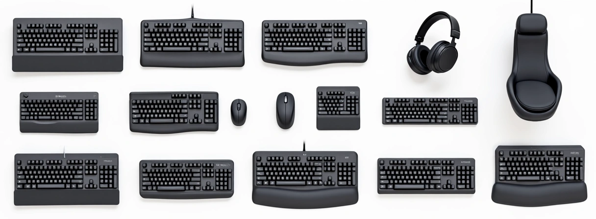 Grid of various computer peripherals including keyboards, mice, and headphones, with a focus on their intricate details and high-quality finishes, no text.