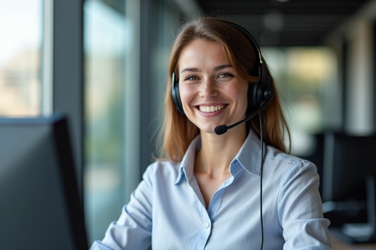 Customer service representative answering questions, with a headset and computer